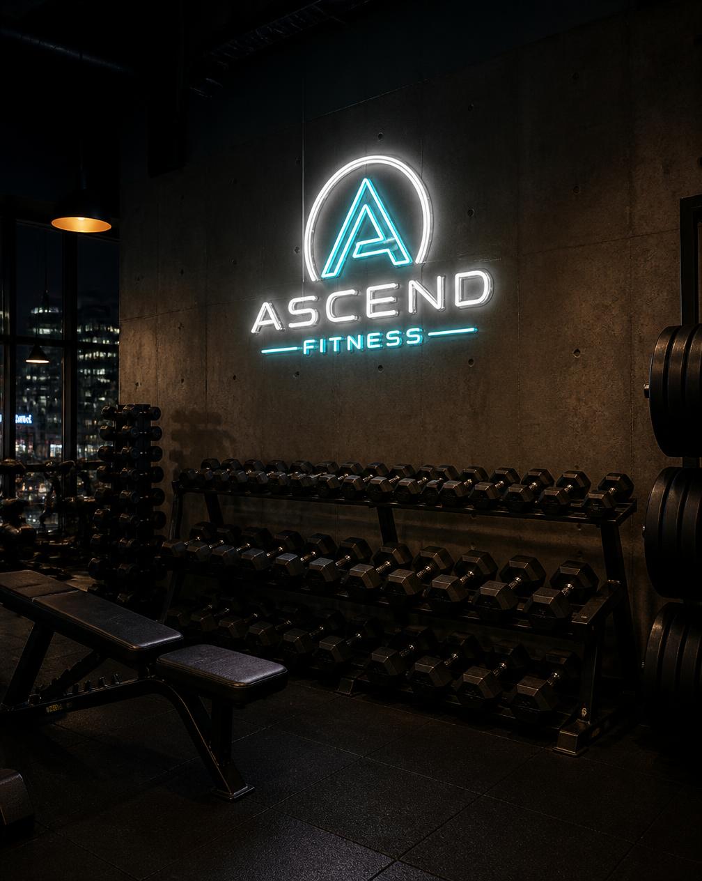 Cyan and white neon gym logo sign on a dark concrete wall behind dumbbell racks